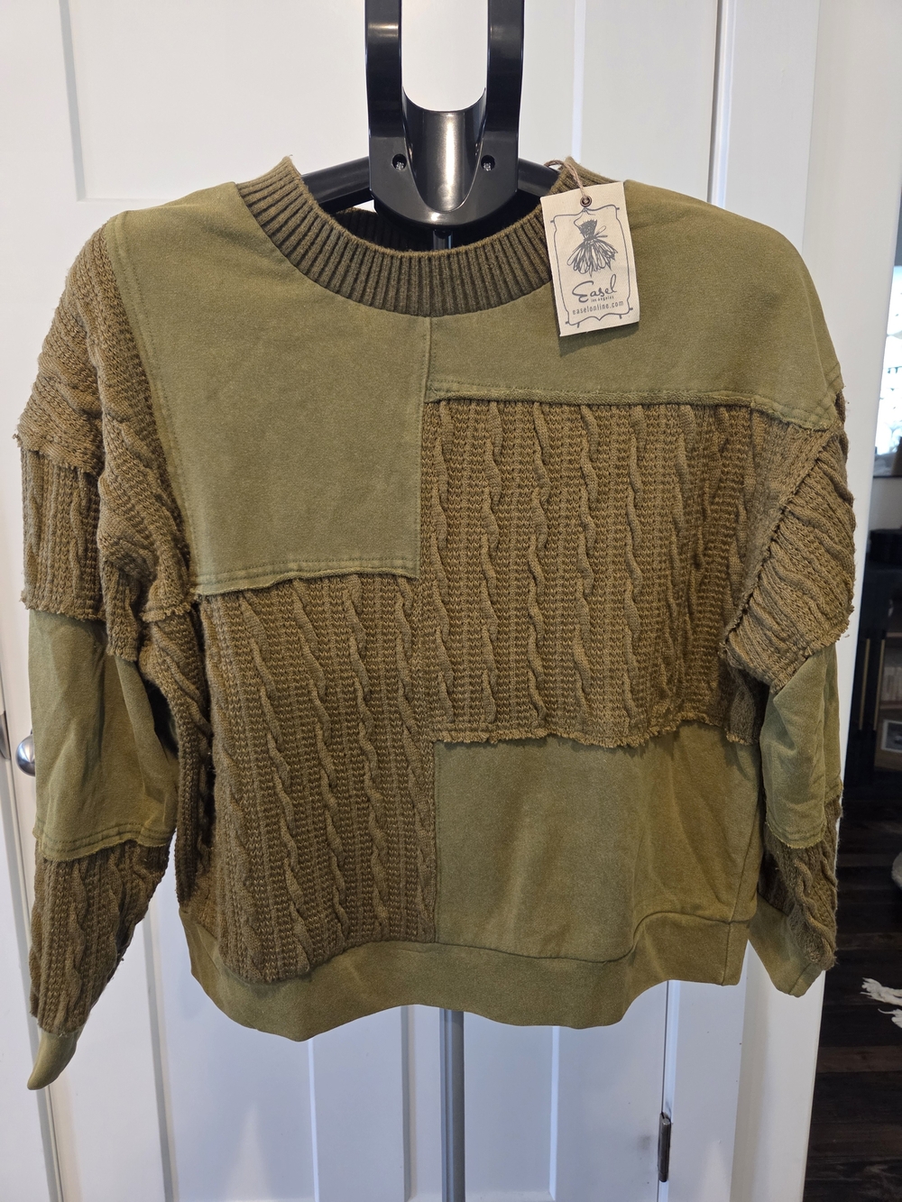 121. Easel Olive Patchwork Cable Crewneck Sweatshirt